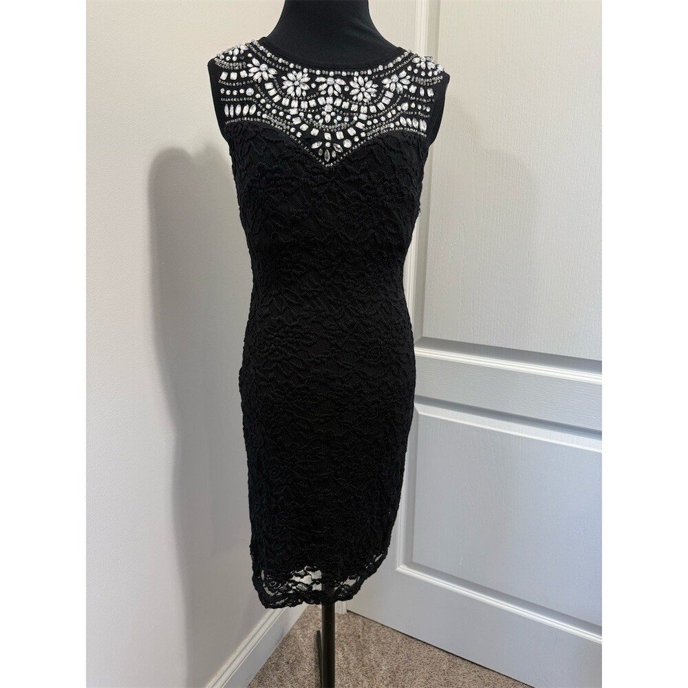 B. Darlin Dress Womens Juniors 7/8 Black Lace Sheath Cocktail Knee Length